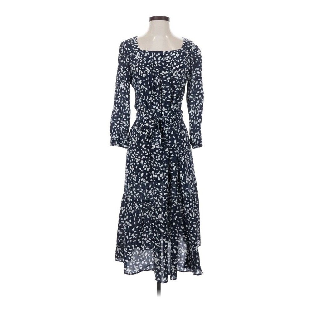 Amour Vert Washable 100% Silk Dress Midi Blue Print Tie Waist Sz Small slow
